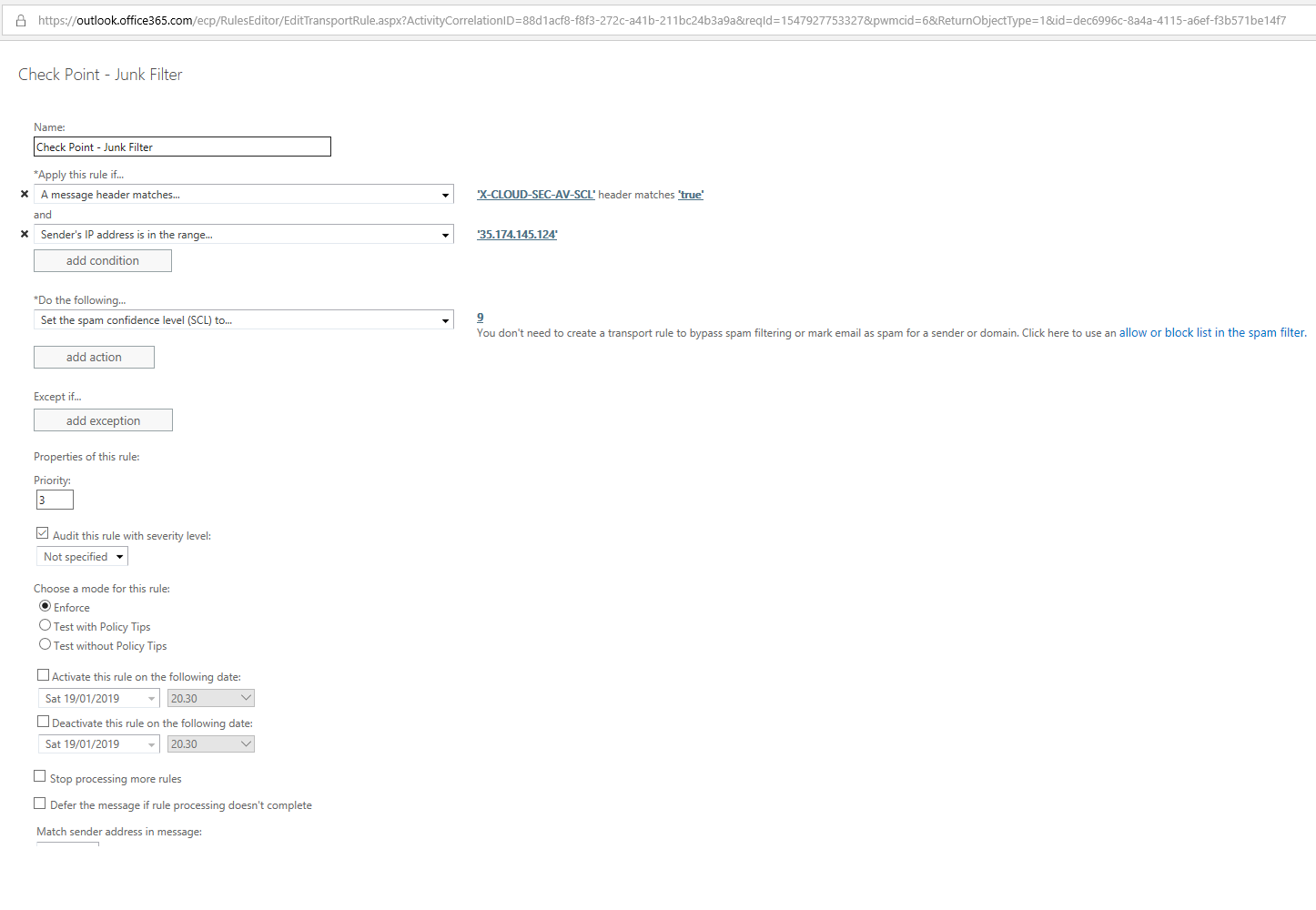 Exchange Online Transport Rule - Check Point Junk Filter